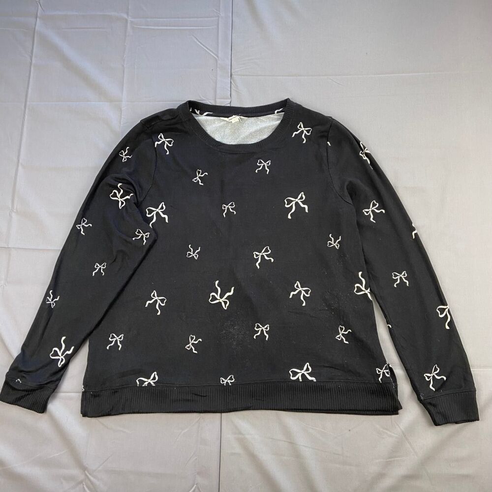 Lucky Brand Women's Xl Black Bow Print Crew Neck Long Sleeve Sweater Pullover